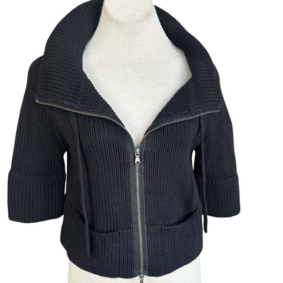 Anthropologie Shae Black Chunky Knit Full Zip Cardigan Sweater Size Medium - Picture 1 of 9